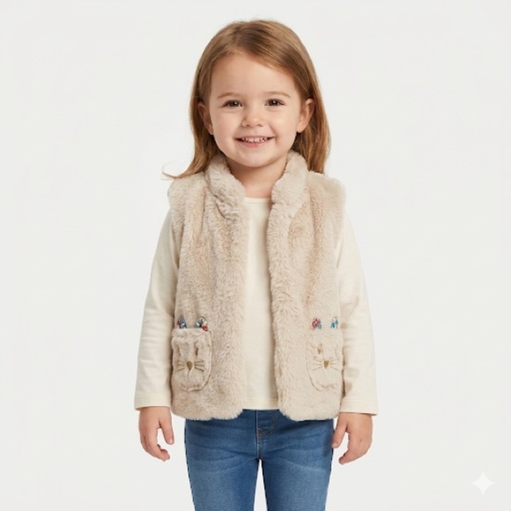 Mini Boden girls faux fur vest floral lining animal pockets 4 5Y